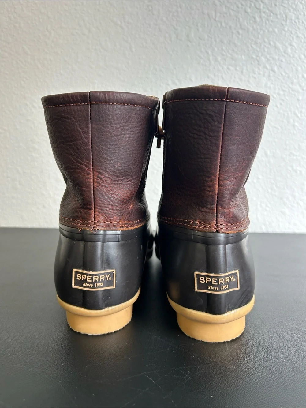 SPERRY TOP SIDER Saltwater Duck Boots Size 12 DARK BROWN LEATHER/BLACK